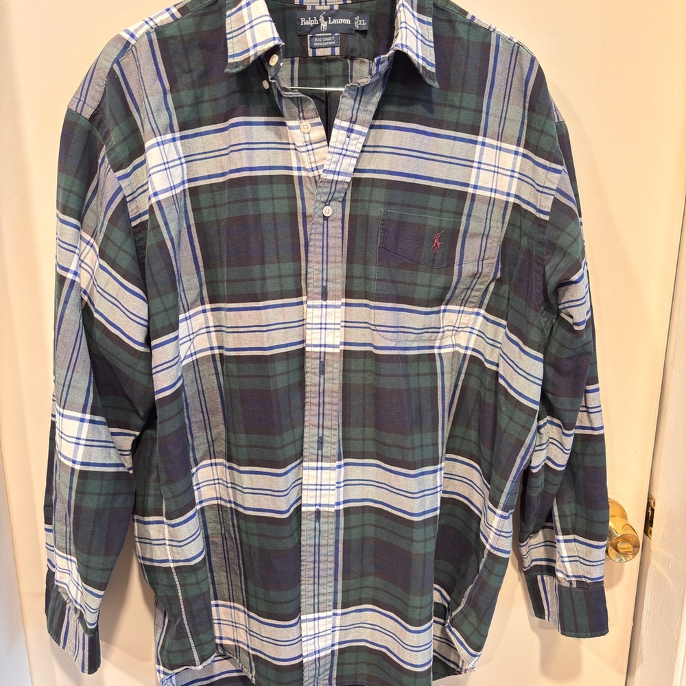 Ralph Lauren Men's Blue and Green Plaid Shirt